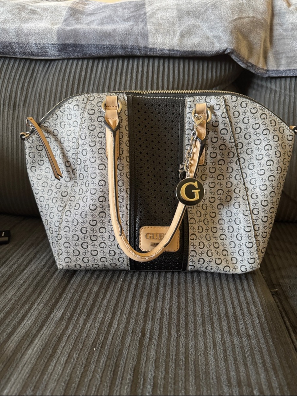 Guess Gray Logo Satchel with Black Center Panel and Tan Trim